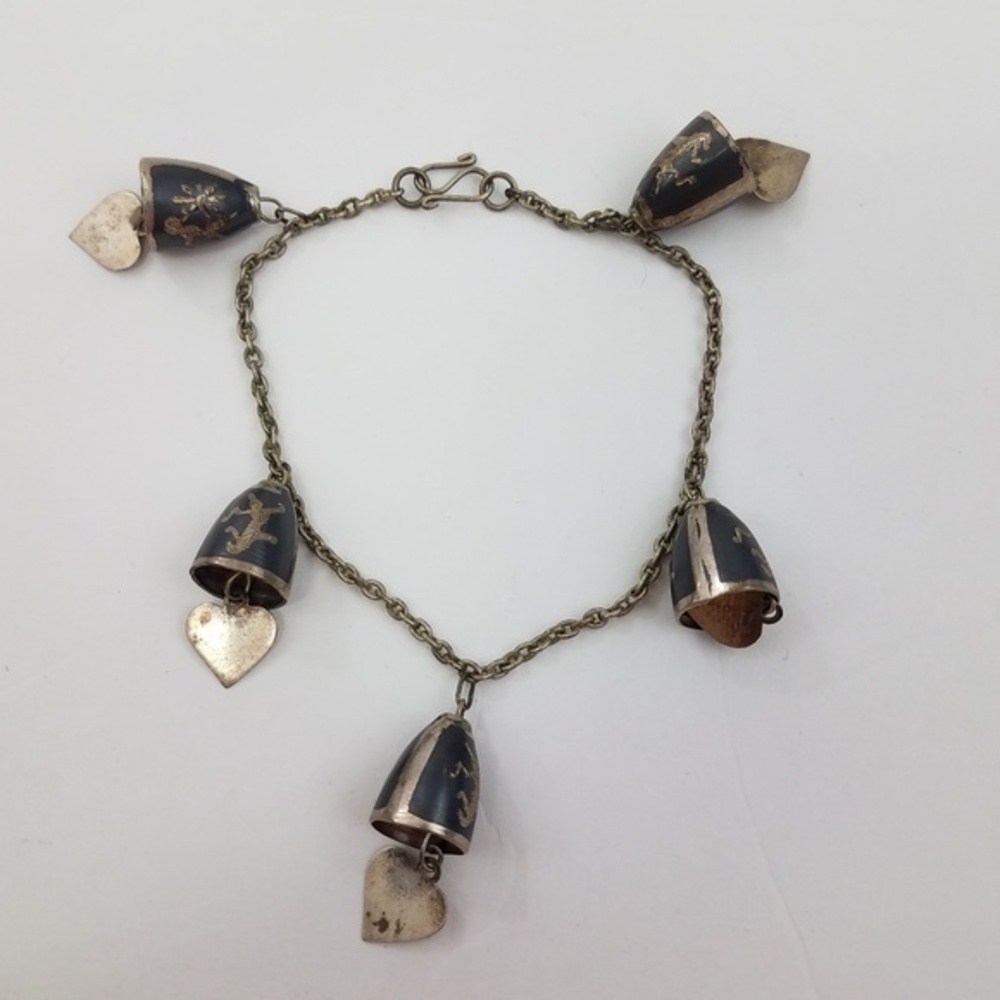 Siam Niello Bell Bracelet Silver Tone Tribal Orien